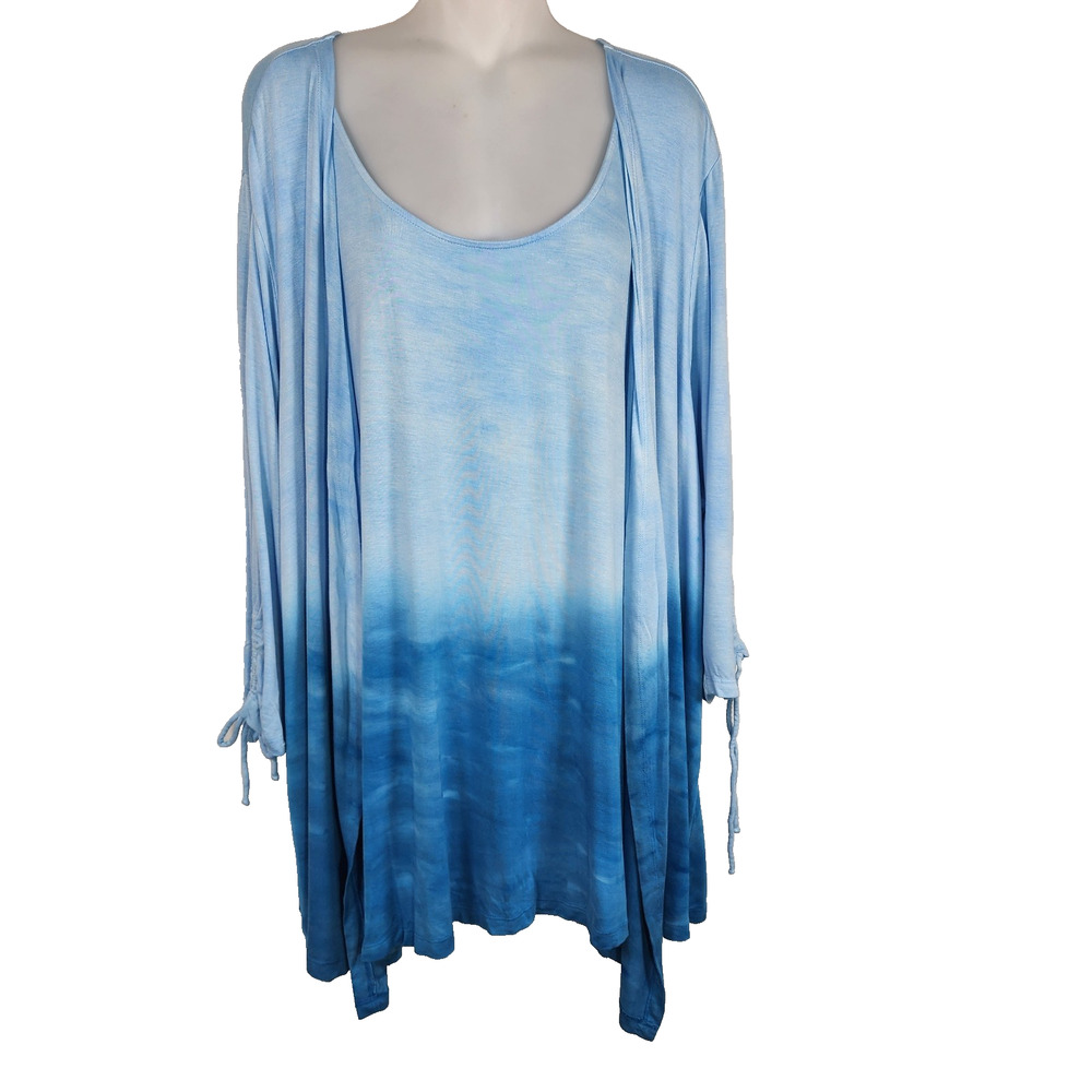 Catherines Cardigan Attached Tank Duet 3XWP Blue Ombre Dip Dye 3/4 Ruched Sleeve